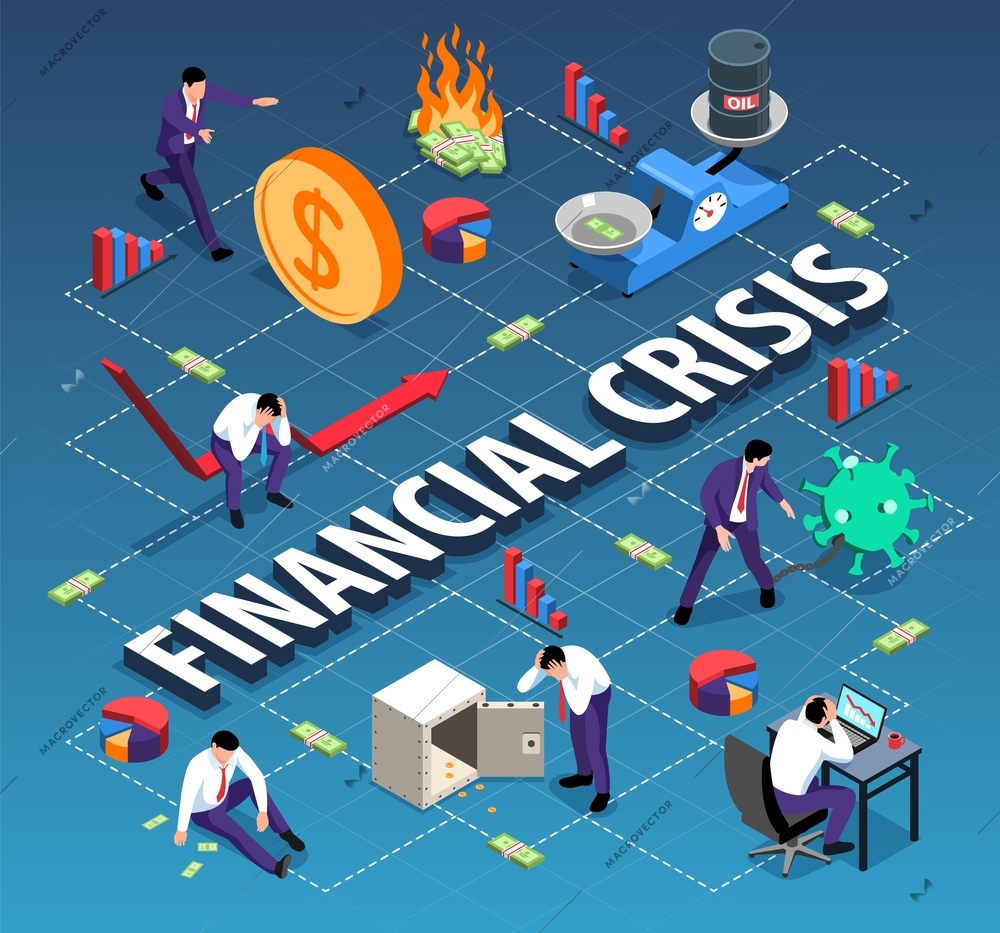 Isometric world financial crisis flowchart composition with icons of bar charts people losing money with arrows vector illustration