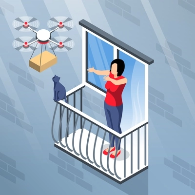 Isometric drone composition with view of building wall balcony and quadcopter delivering parcel to female recipient vector illustration