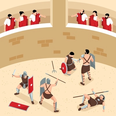 Isometric ancient rome gladiators composition with view of round arena with audience and warriors in fight vector illustration