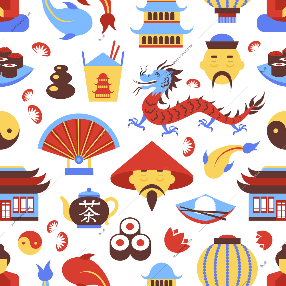 China travel chinese traditional culture symbols seamless pattern vector illustration