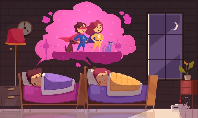 Children dreaming hero composition of cartoon kids characters sleeping in living room dreaming of becoming superheroes vector illustration