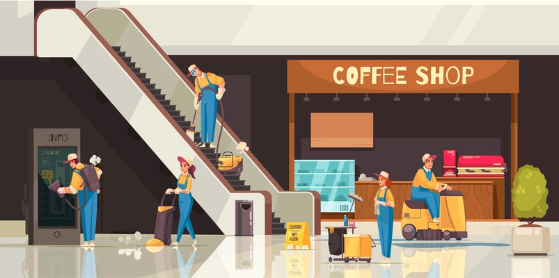 Cleaning composition with professional team of cleaners doing job in shopping mall with coffee shop displays vector illustration