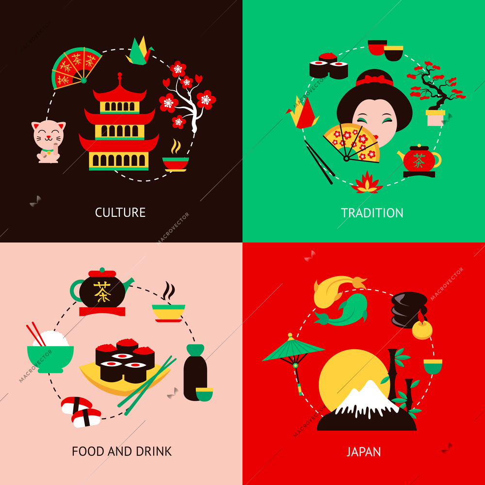 Japan culture tradition food and drink flat set isolated vector illustration