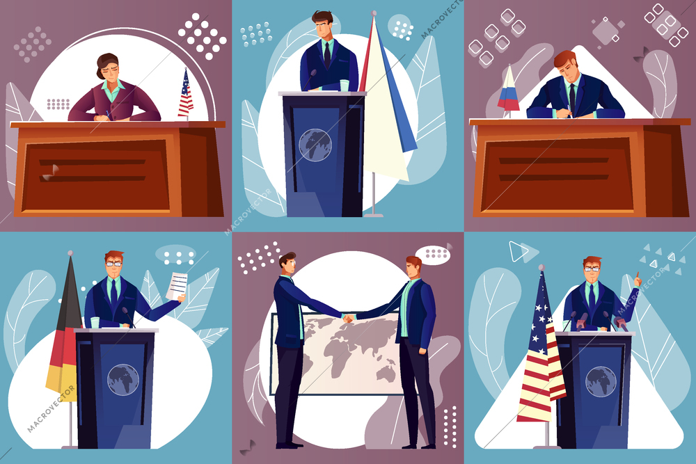 Diplomacy composition set with international politics symbols flat isolated vector illustration