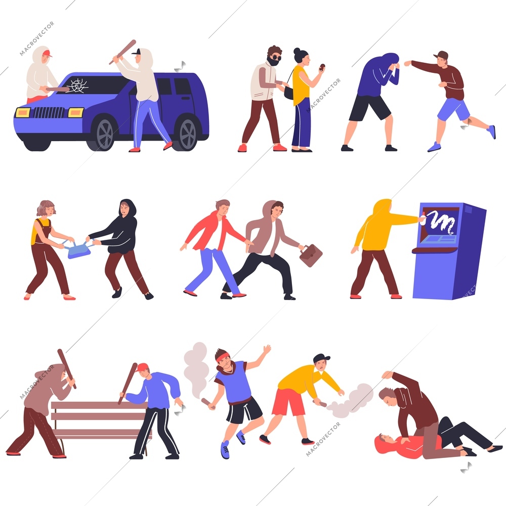 Hooliganism set of flat icons with isolated human characters of vandals with views of various actions vector illustration