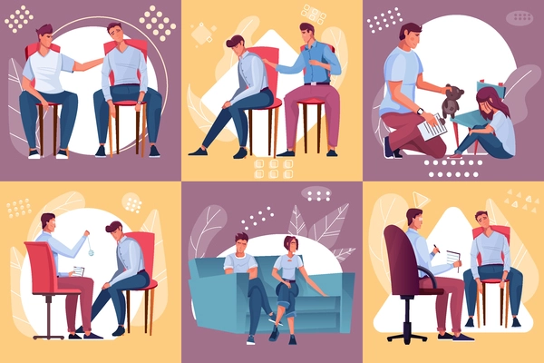 Psychology design concept with set of flat compositions characters of clients and therapists resolving mental problems vector illustration