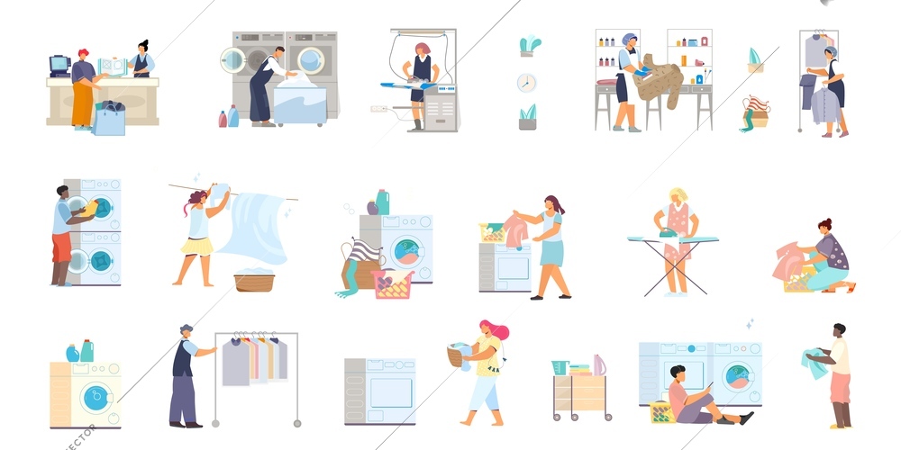 Set of isolated laundry icons and flat images of washing machines racks with clothes and people vector illustration