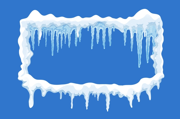 Snow ice cap frame composition with rectangle shaped pile of snow with icicles and empty space vector illustration