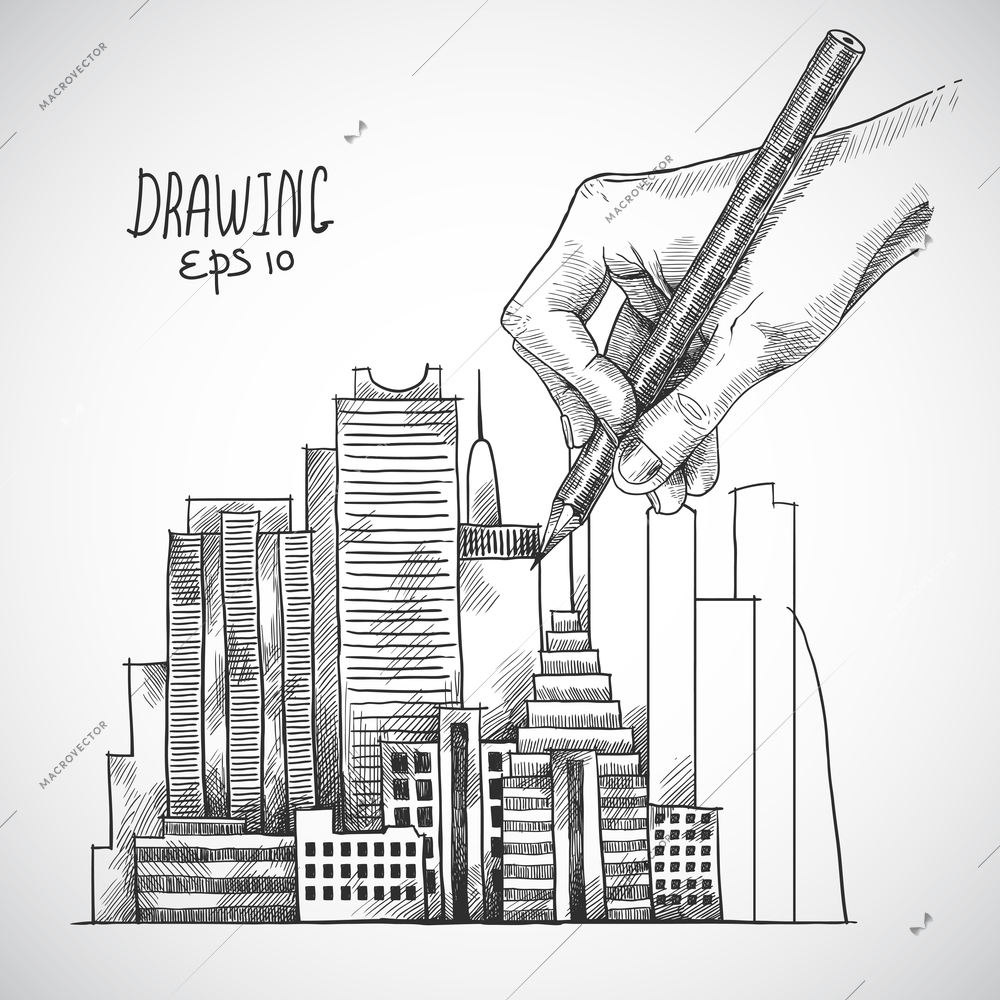 Hand drawing building with graphite pencil sketch isolated on white background vector illustration