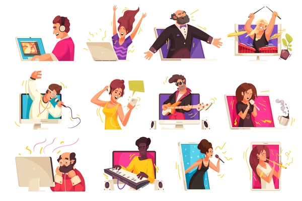 Online music content isolated icons set of performer viewers and listeners flat vector illustration