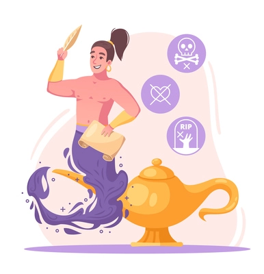 Genie character concept with wish and wizard symbols cartoon  vector illustration