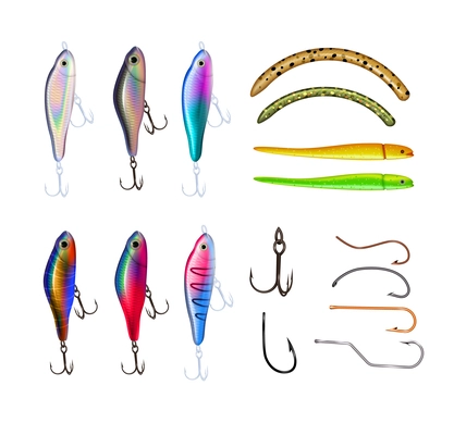 Fishing equipment realistic set with isolated icons of ledger hooks and colourful jigs with spoon baits vector illustration