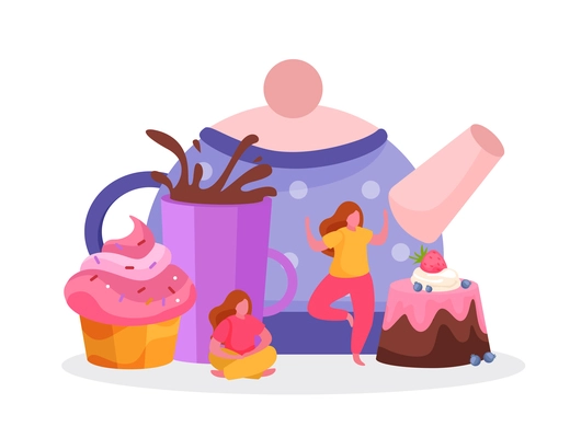 Tea time flat background with female characters images of cakes cup with drop splashes and teapot vector illustration