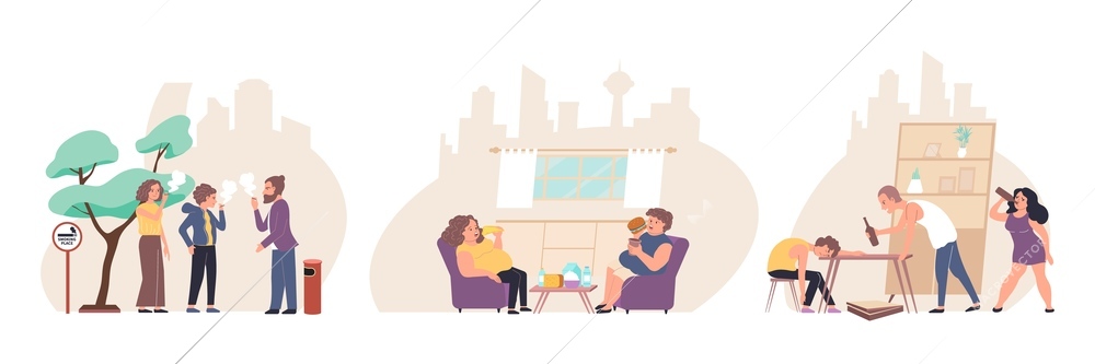 Flat addiction composition set with smoking group of people who smoke and drink alcohol vector illustration