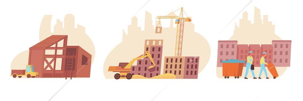 Home construction set of three isolated compositions with flat images of houses with builders and cityscape vector illustration