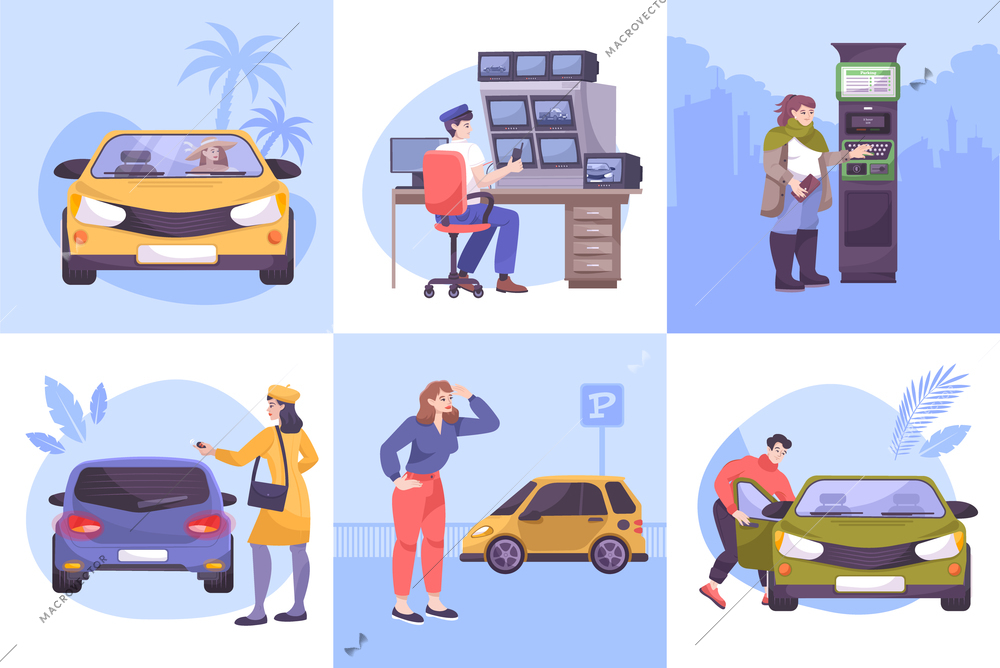 Parking set of square compositions with flat human characters of drivers parking lot guard and cars vector illustration