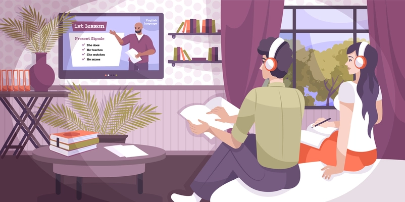 Language lessons online composition with flat home interior and couple in headphones listening to tv tutor vector illustration