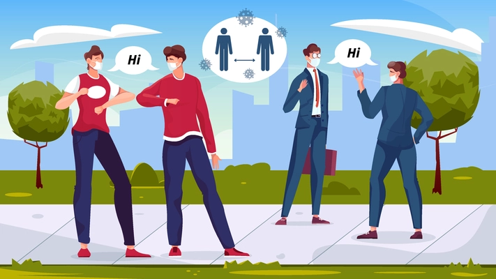 Social distance greeting flat composition with outdoor scenery with friends and coworkers characters greeting each other vector illustration