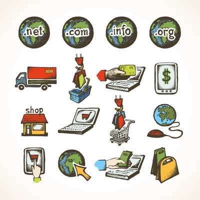 Business internet online shopping icons set of ecommerce retail domains cart purchase and global delivery sketch vector illustration