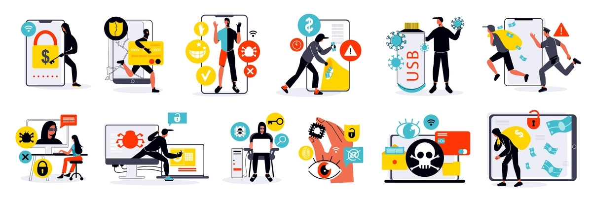 Colorful flat design cybersecurity icons set with criminals hacking into gadgets isolated vector illustration