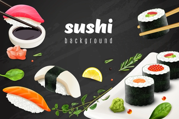 Realistic sushi background with Japanese food restaurant symbols vector illustration