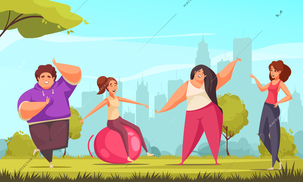 Flat body positive fitness composition with four people engaged in sports exercises vector illustration