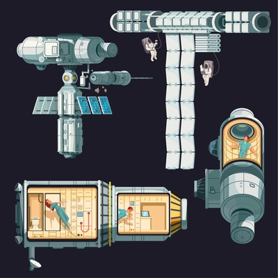 Orbital international space station colored composition it is disassembled into several segments rooms and different transmitters vector illustration