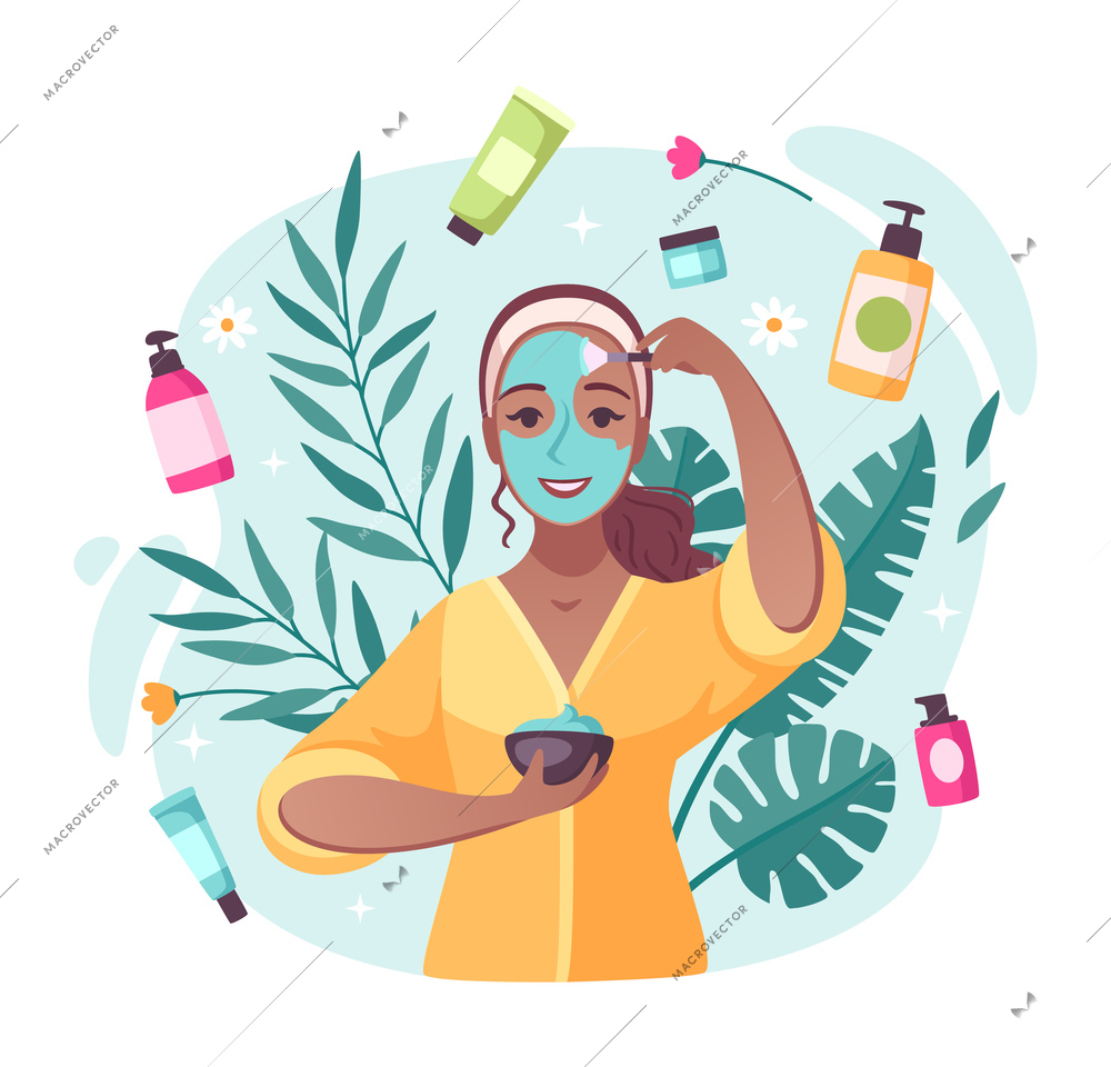 Skincare beauty products cartoon composition with creams moisturizing lotions swirling around applying face mask girl vector illustration