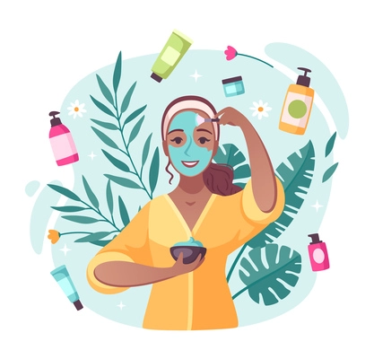 Skincare beauty products cartoon composition with creams moisturizing lotions swirling around applying face mask girl vector illustration