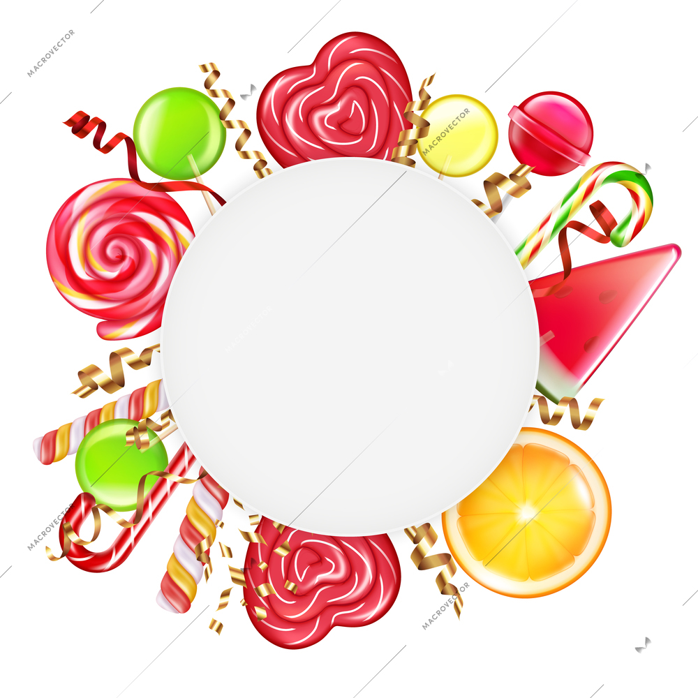 Candies citrus wheels spiral caramel flowers canes lollipops round frame realistic circular composition white background vector illustration