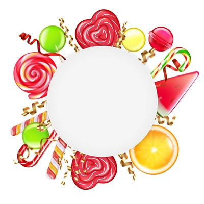 Candies citrus wheels spiral caramel flowers canes lollipops round frame realistic circular composition white background vector illustration