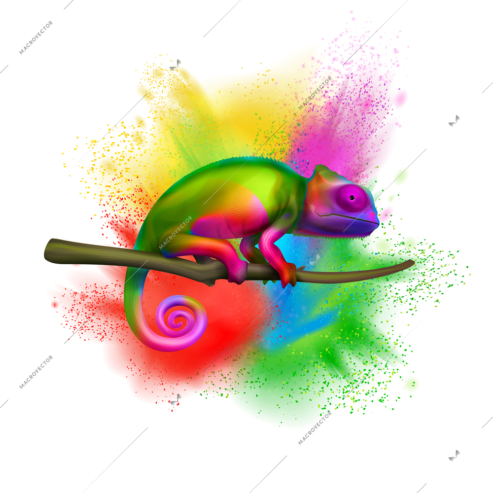 Bright multicolored chameleon on tree branch closeup isolated realistic image color explosion on white background vector illustration