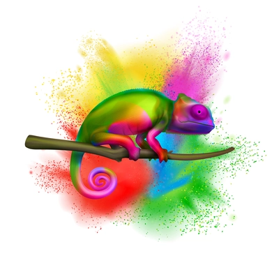 Bright multicolored chameleon on tree branch closeup isolated realistic image color explosion on white background vector illustration