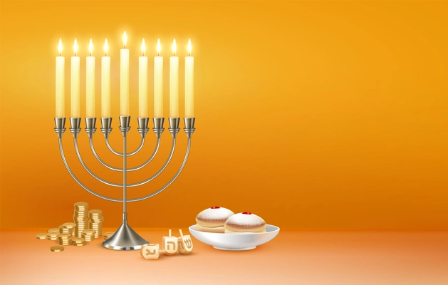 Happy hanukkah jewish festival celebration greeting with menora candelabrum lights six pointed david star symbols vector illustration