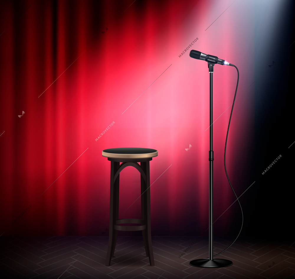 Stand up show comedy stage attributes realistic image with microphone bar stool red curtain retro vector illustration