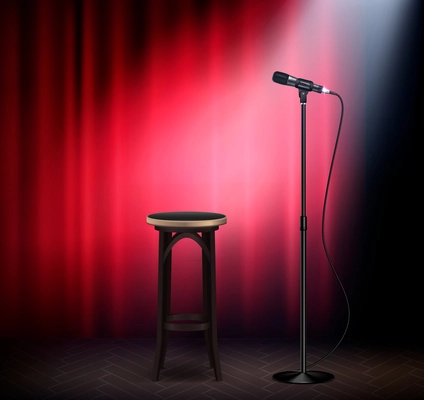 Stand up show comedy stage attributes realistic image with microphone bar stool red curtain retro vector illustration