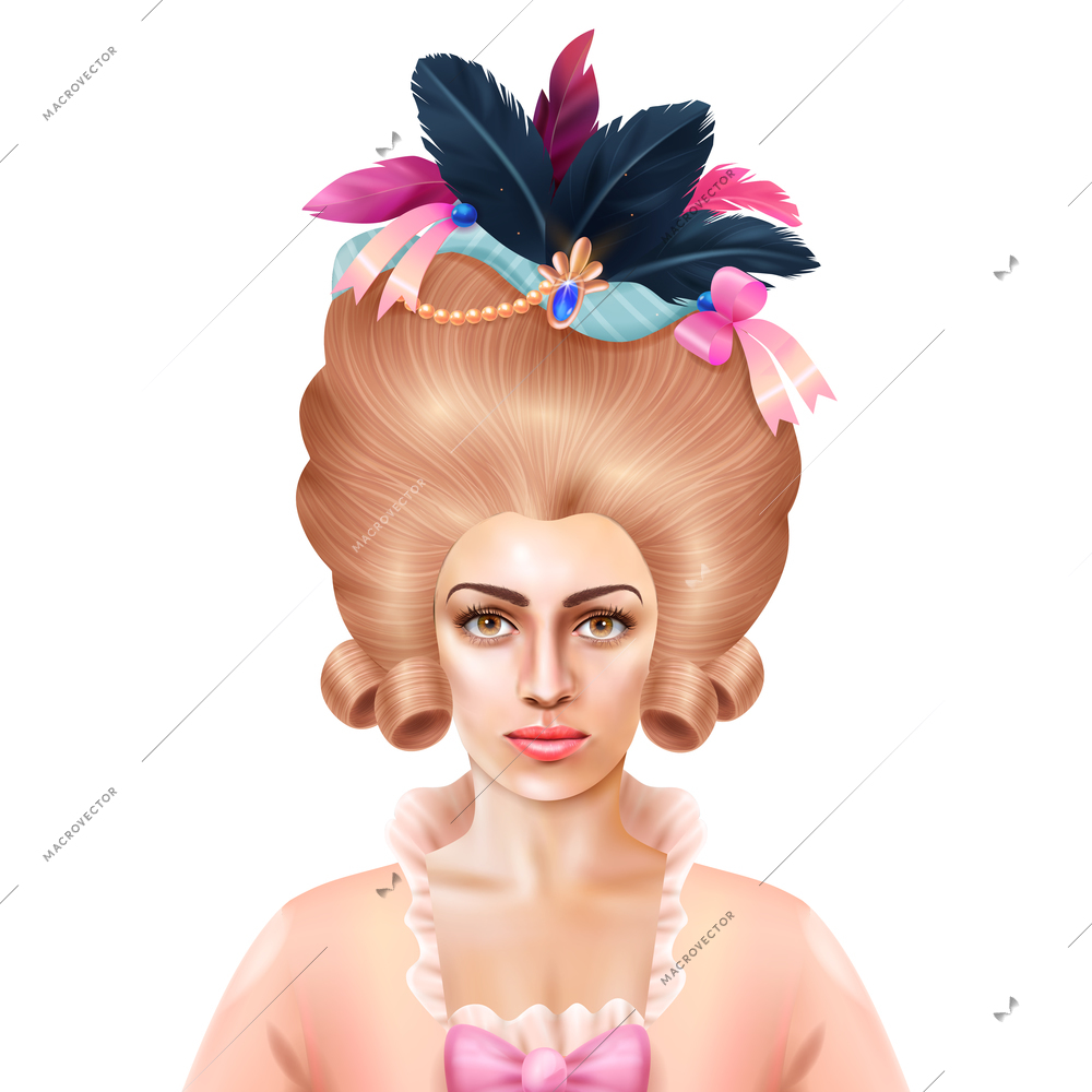 Playful elegant 18 century woman rococo styled wig fashion with colorful feathers realistic isolated image vector illustration