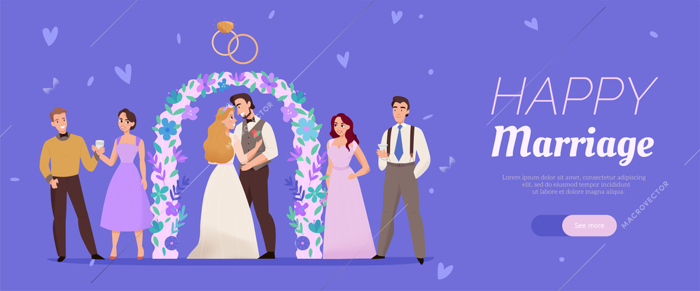 Happy marriage horizontal lilac background web banner with wedding ceremony flower arch kissing couple guests vector illustration