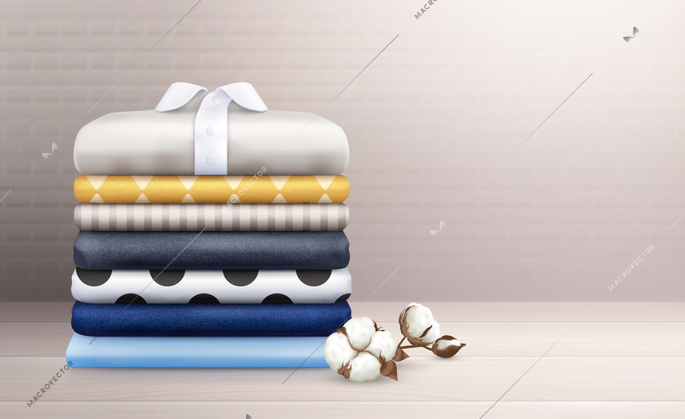 Ironed clothes and colorful linen stack decorated with cotton branch realistic composition vector illustration