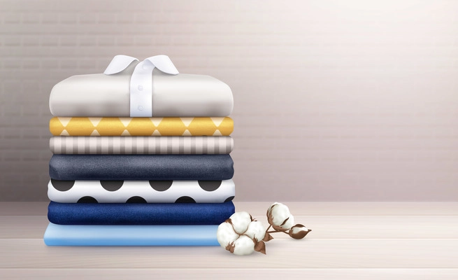 Ironed clothes and colorful linen stack decorated with cotton branch realistic composition vector illustration