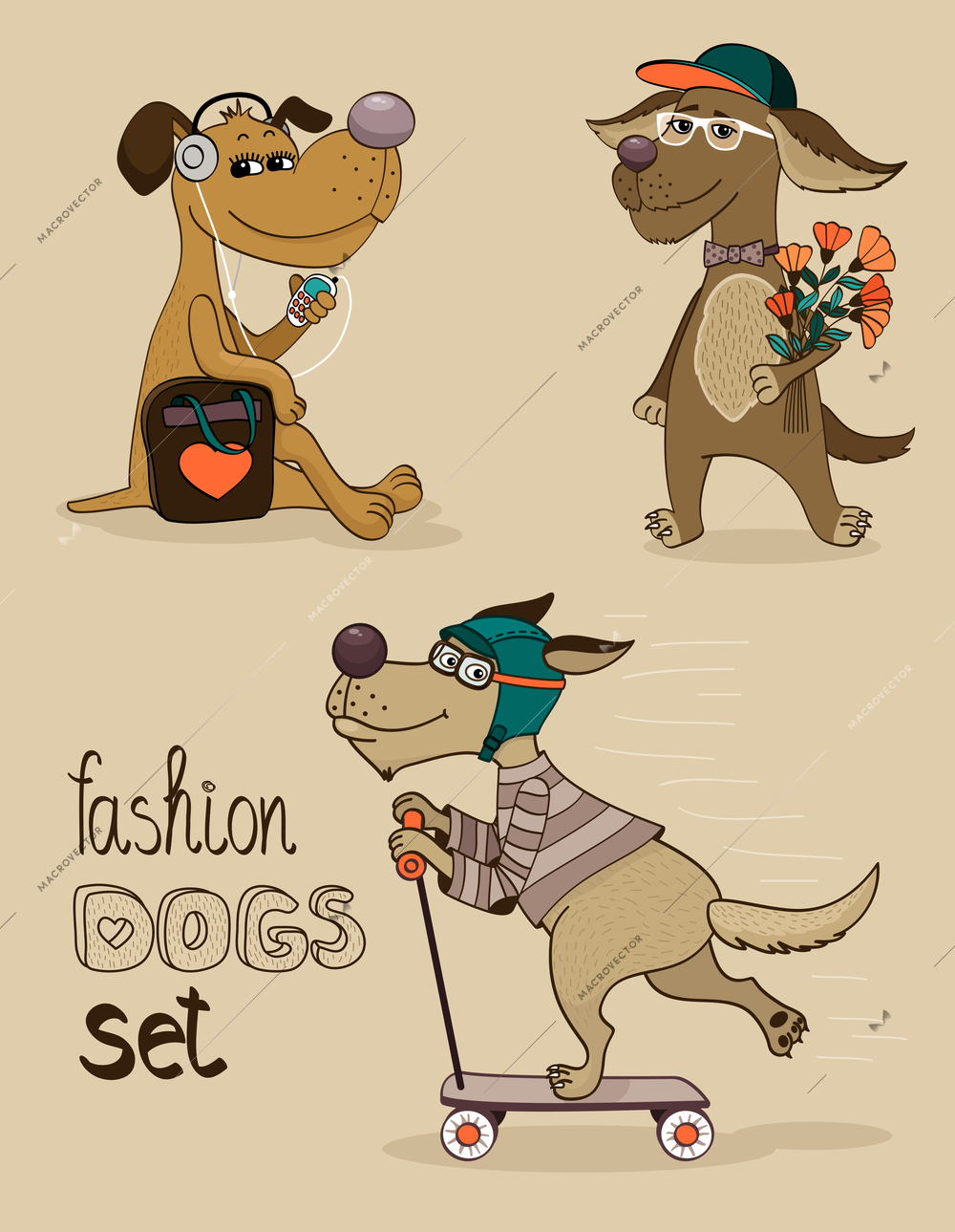 Hipster set of cute fashion dogs vector illustration