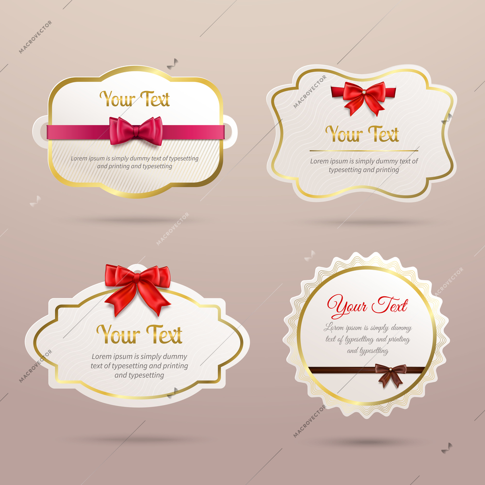 Gift cardboard paper holiday labels collection with red bows and ribbons vector illustration