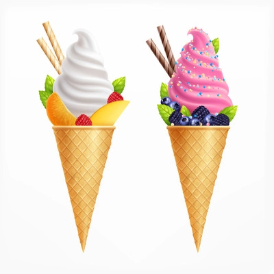 Ice cream realistic set of two waffle cones of vanilla and fruit taste decorated with strawberries blueberries blackberries orange slices vector illustration