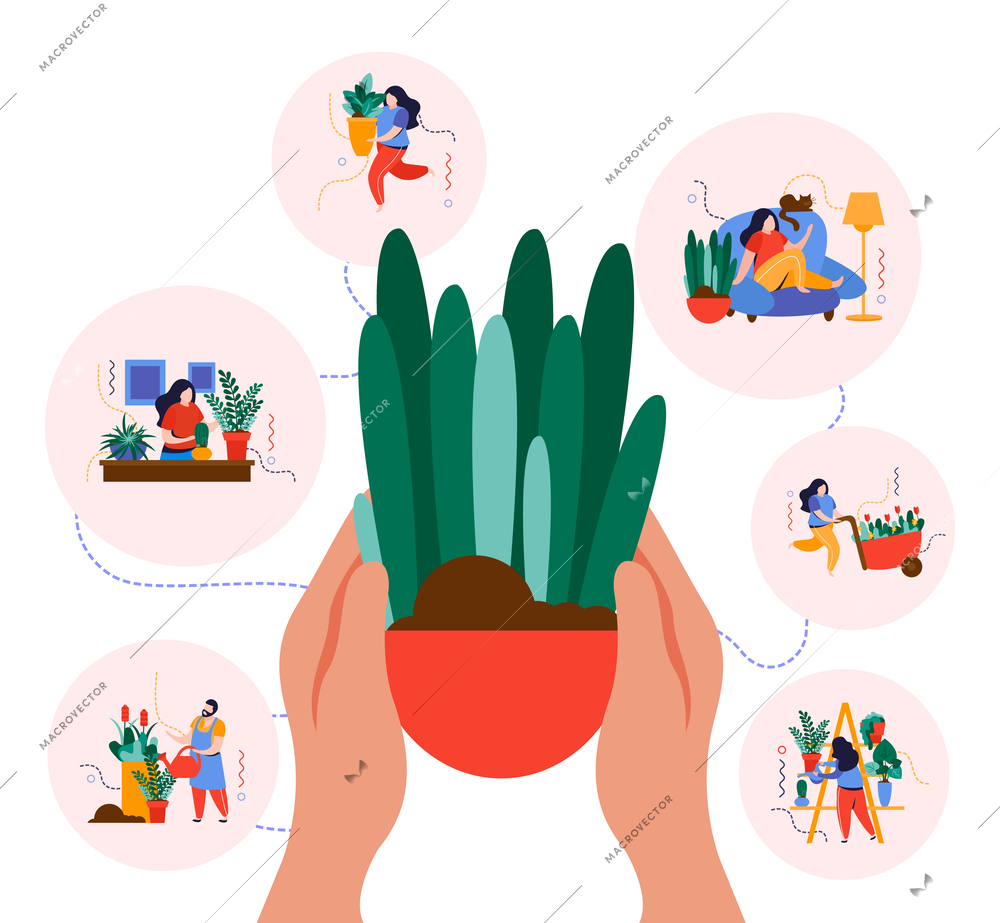 Home garden concept with houseplants and house interior flat vector illustration