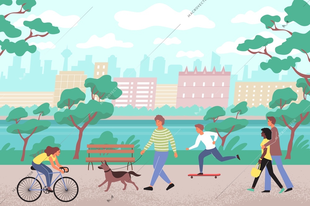 City park  flat background with people walking along embankment with dog skateboards and bikes vector illustration