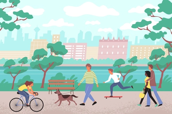 City park  flat background with people walking along embankment with dog skateboards and bikes vector illustration