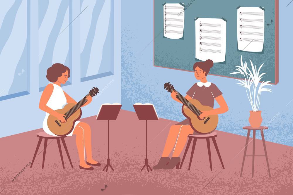 Learning string instruments composition with music class indoor scenery and female characters of tutor and student vector illustration