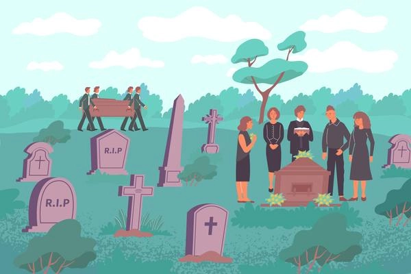 Funeral flat composition with cemetery landscape with stone graves and human characters carrying wooden eternity box vector illustration