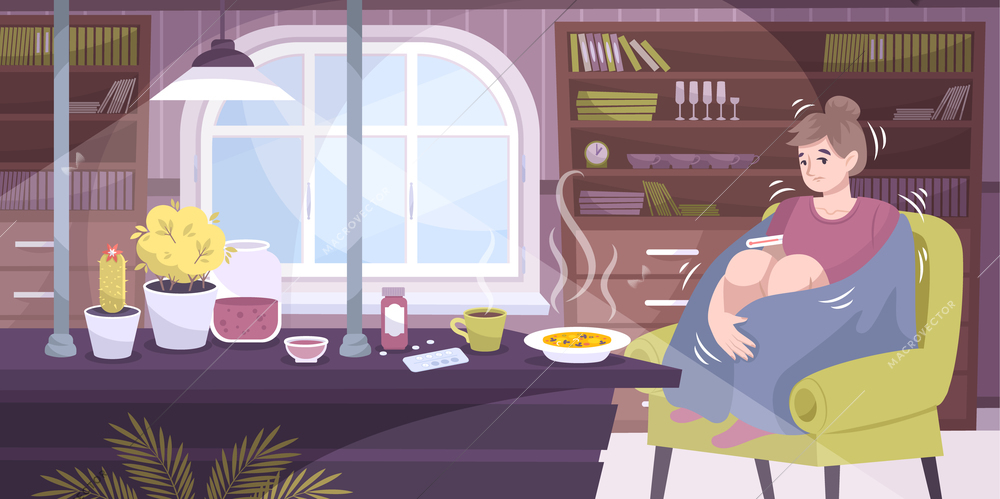 Chills colds flat composition with living room interior home scenery and sick woman shivering with fever vector illustration