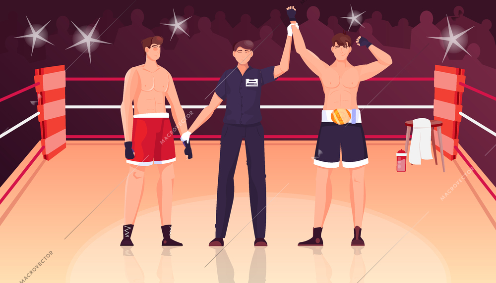 Winner judge flat composition with view of boxing ring with silhouette of crowd and boxer characters vector illustration